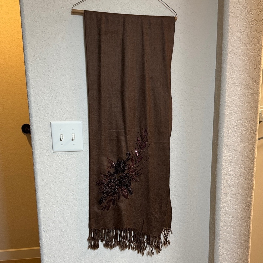 Elegant Brown Scarf with Fringe Detail 68"